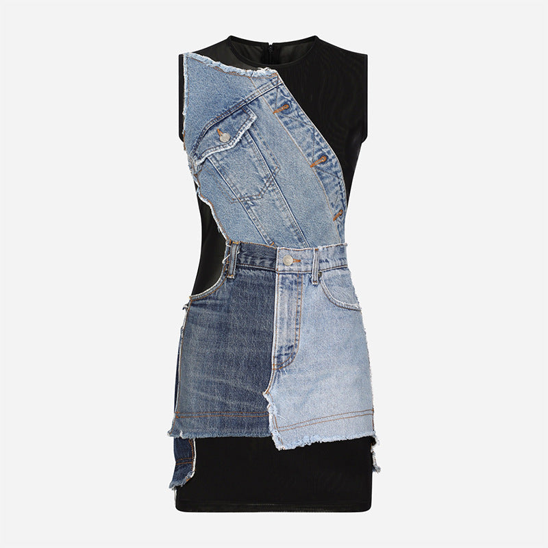 sleeveless mesh mini dress with denim patchwork – Tamela