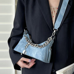 velvet baguette shoulder bag with silver chain detail – SIENNA