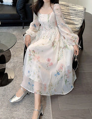 floral chiffon midi dress with puff sleeves – Aagewm