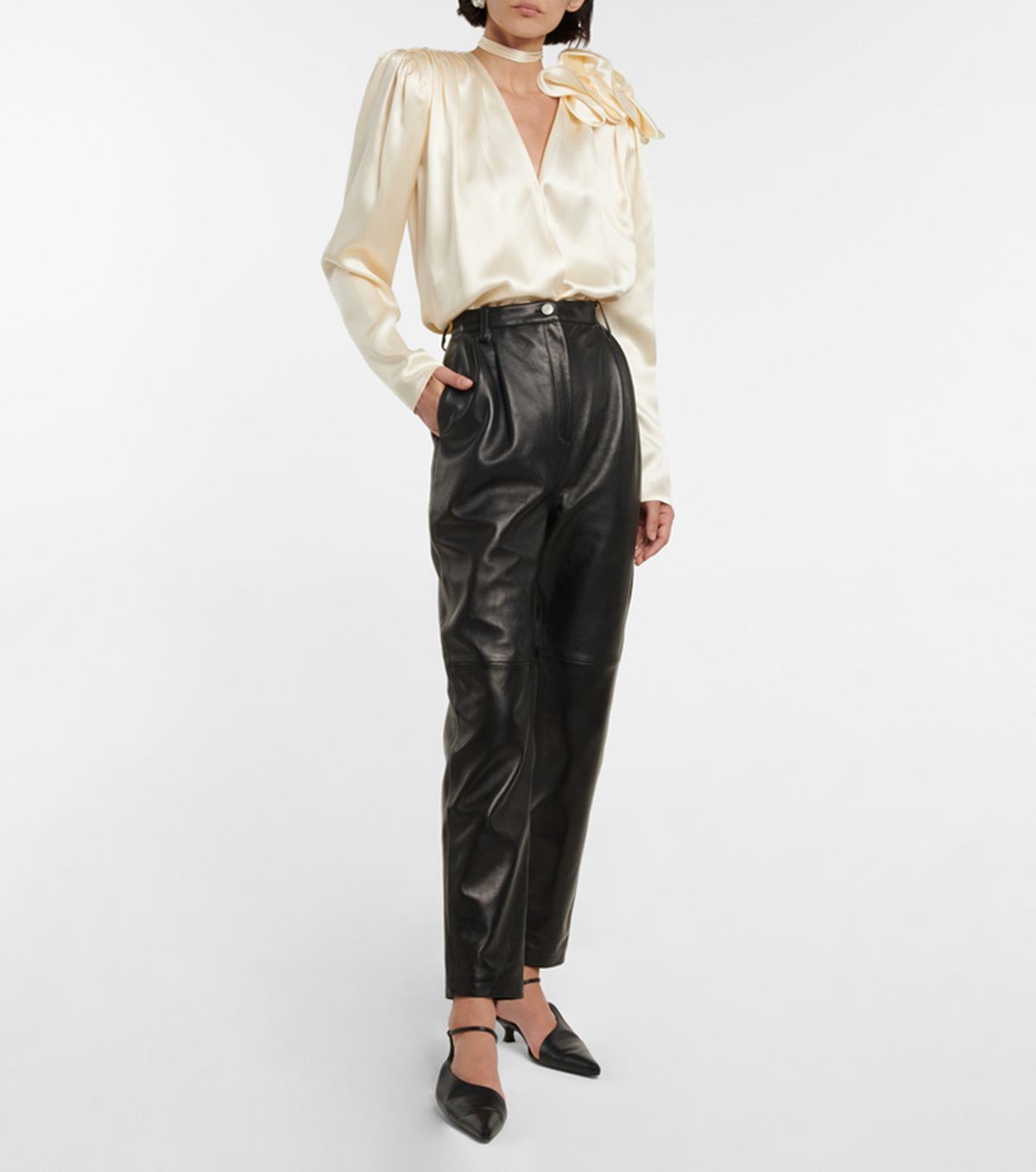 long sleeve satin blouse with floral shoulder detail - Addileigh