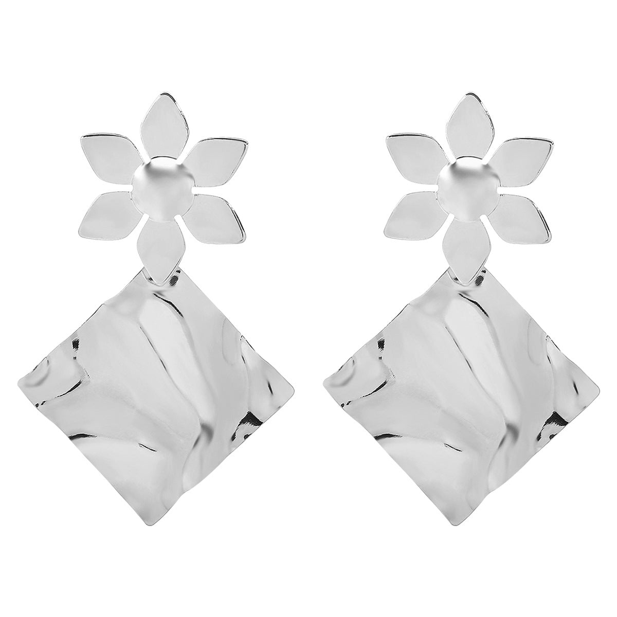 flower stud earrings with hammered square drop - SOLEAG