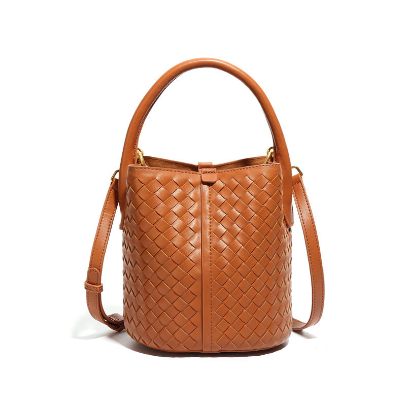 woven leather bucket bag with rounded handle – IVONY