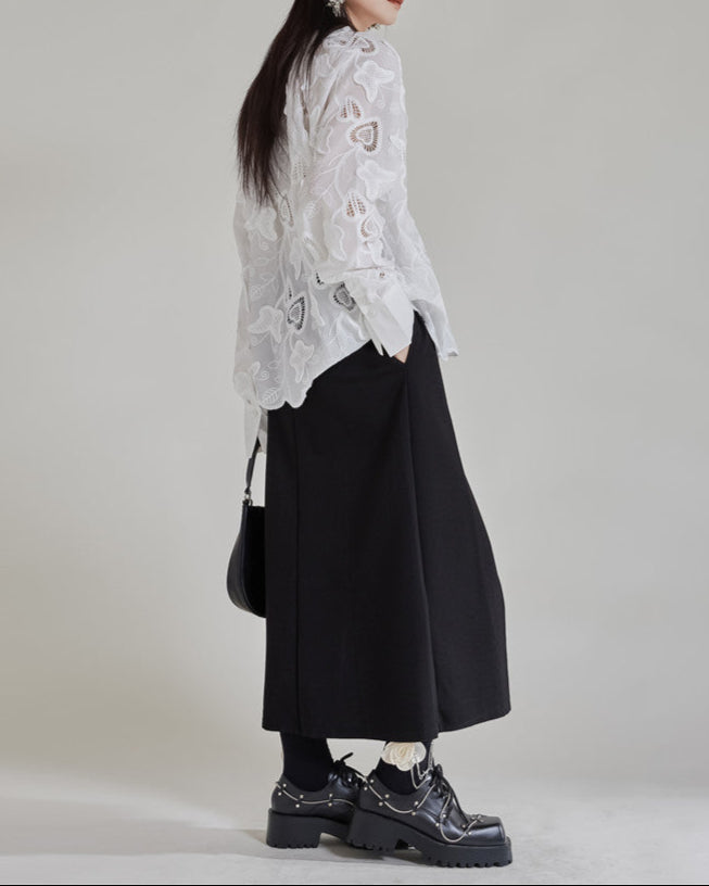Lace embroidered oversized blouse with button-down front - Bisdy