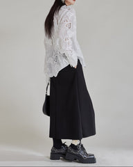 Lace embroidered oversized blouse with button-down front - Bisdy