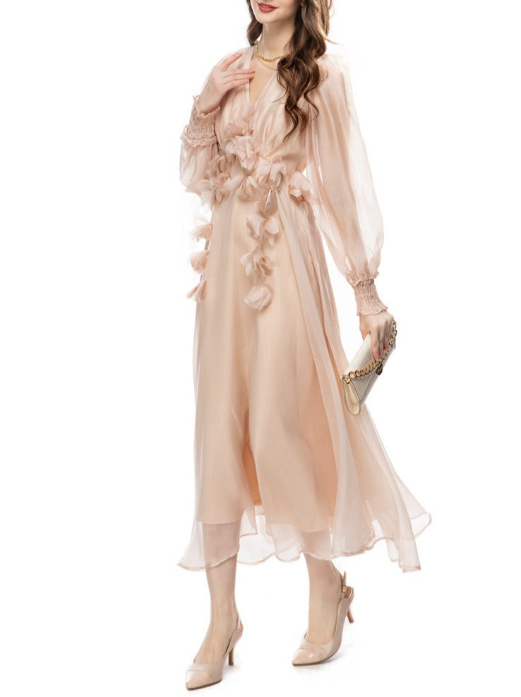 chiffon midi dress with 3D floral appliqué – Eelinwe