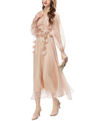 organza midi dress with 3D floral appliqués – Bahira