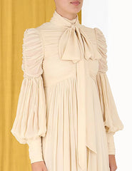 high-neck midi dress with necktie and puff sleeves – Thanmayu