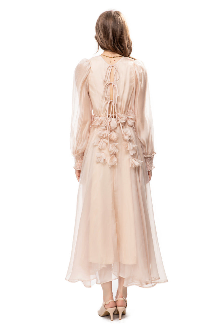 organza midi dress with 3D floral appliqués – Bahira