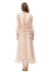 chiffon midi dress with 3D floral appliqué – Eelinwe