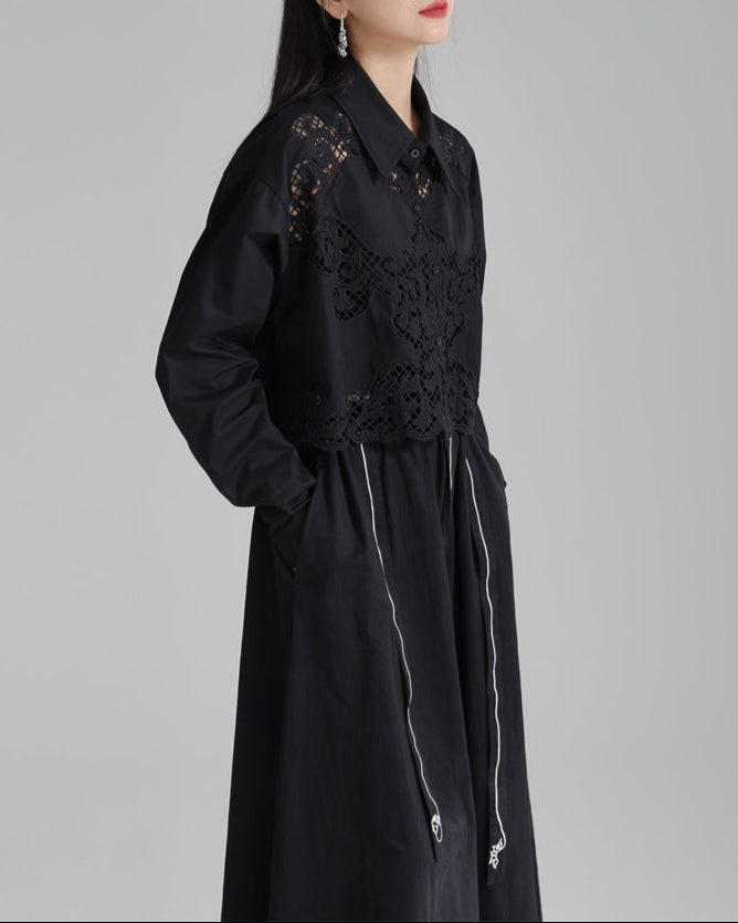 Lace-insert striped blouse with button closure - Vulga