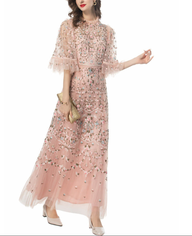 embroidered tulle gown with sheer sleeves – ESMEE