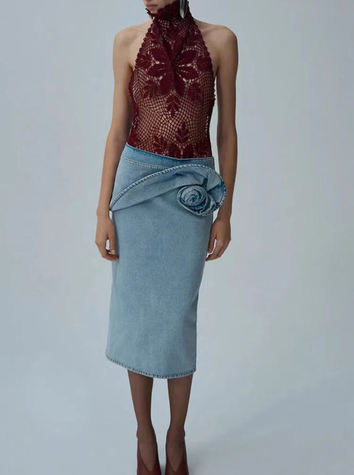 high-waisted denim skirt with rose drape – BLOTA