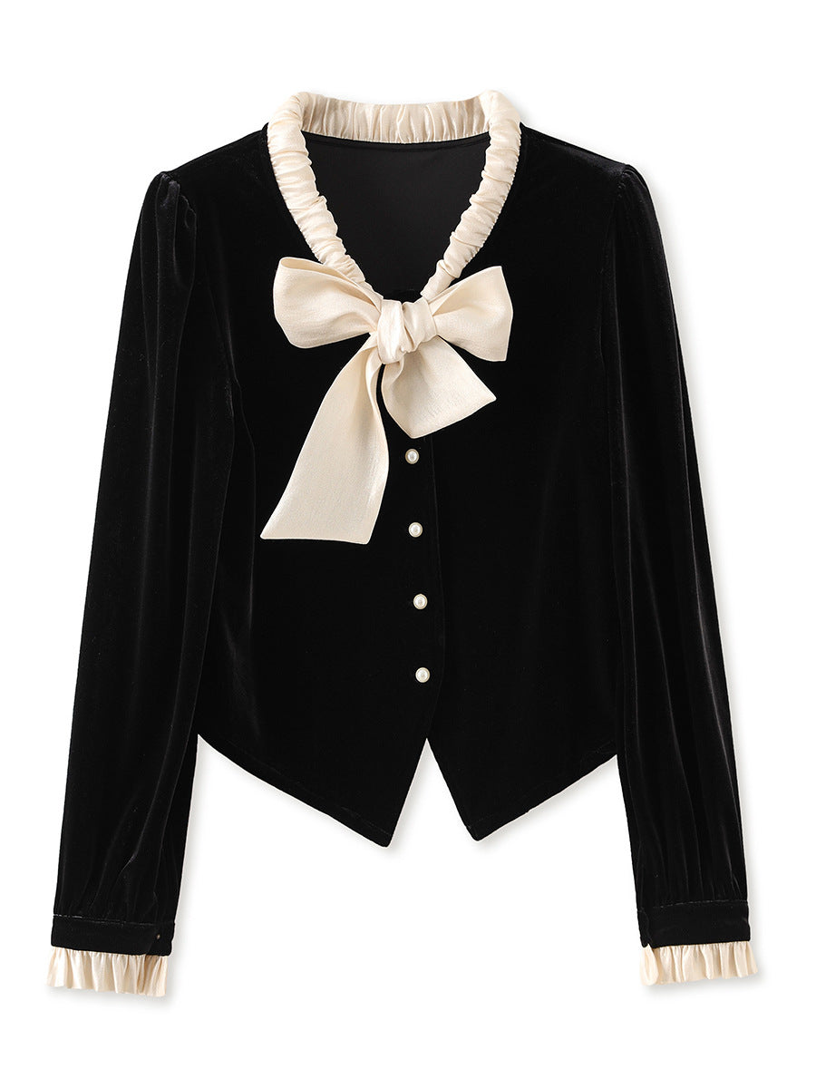 velvet blouse with ruffled collar and bow tie - DAPHNEL
