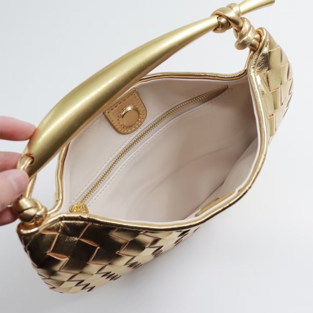 woven crescent shoulder bag with gold sculpted handle - KLLUONEL