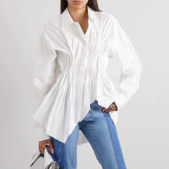 long-sleeve button-down shirt with ruched waist and flared hem – CLEO
