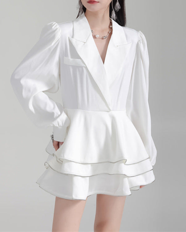 Shirt suit with multi-layered short skirt -