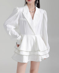 Shirt suit with multi-layered short skirt -