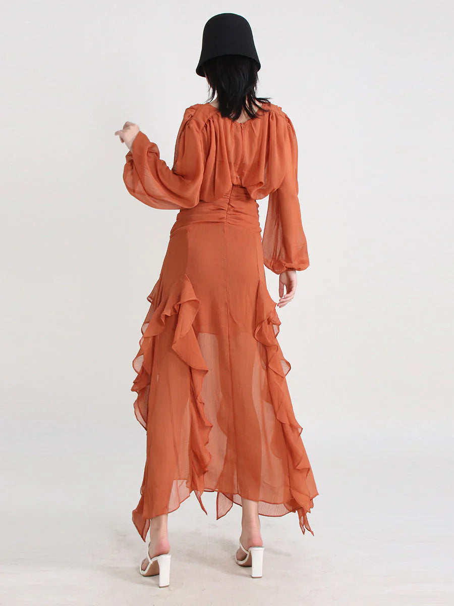 sheer ruffle-trim gown with draped bodice – Aanakec