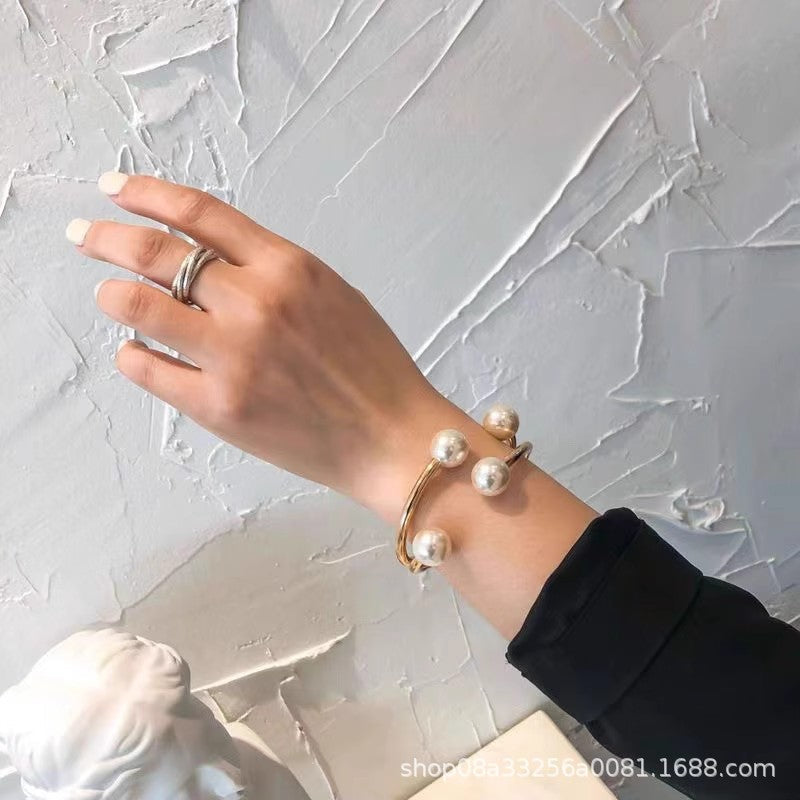 gold open cuff bracelet with oversized pearls – MILA