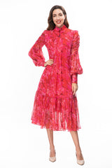 high-neck chiffon midi dress with ruched sleeves – YTAGR