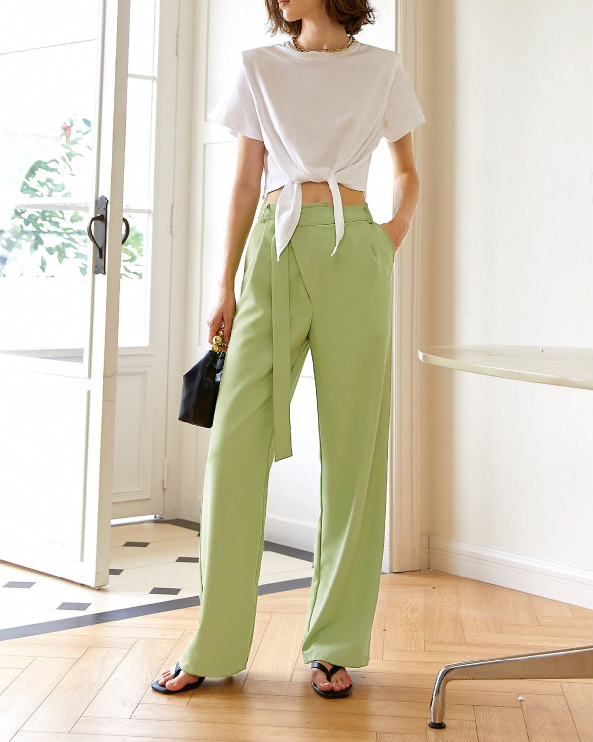 Short sleeve cotton blouse with waist tie - Burni