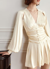 V-neck ruched mini dress with balloon sleeves - Nuljy