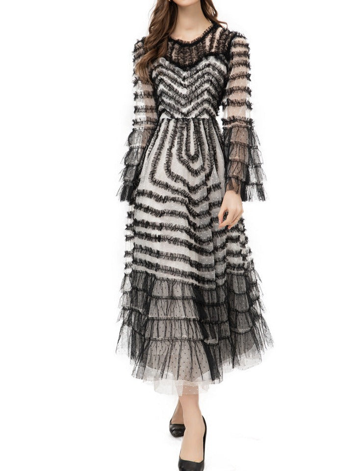 tiered ruffle tulle midi dress in monochrome – Ereshva