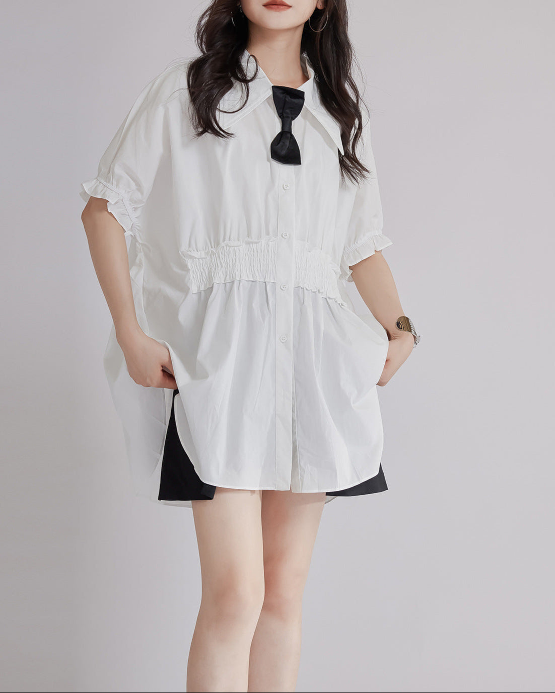 Contrast Tie Waist Short Sleeve Shirt - Qarwy