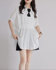 Contrast Tie Waist Short Sleeve Shirt - Qarwy