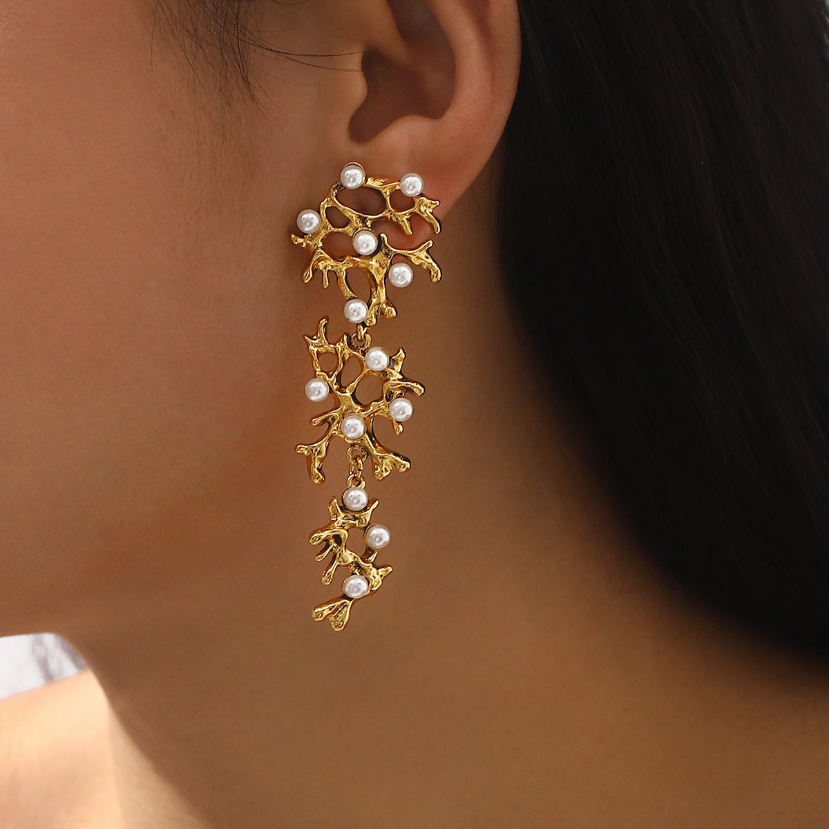 gold coral drop earrings with pearl accents – CORALIA