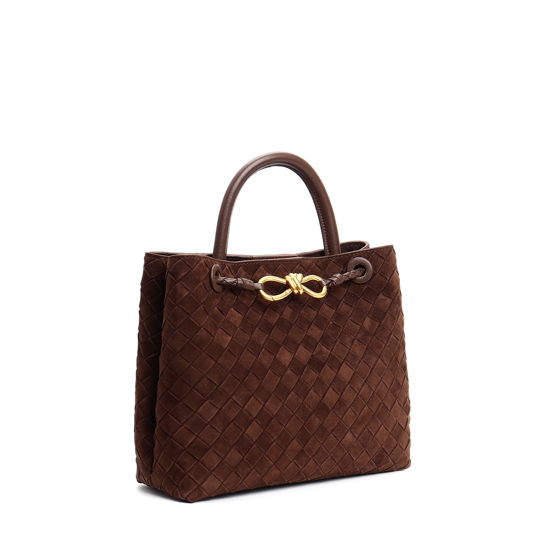 structured woven suede tote with golden knot clasp - DOZRA