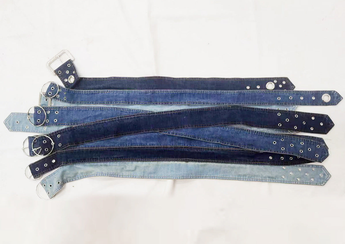 multi-tone denim belt skirt with grommet details - Ellinor