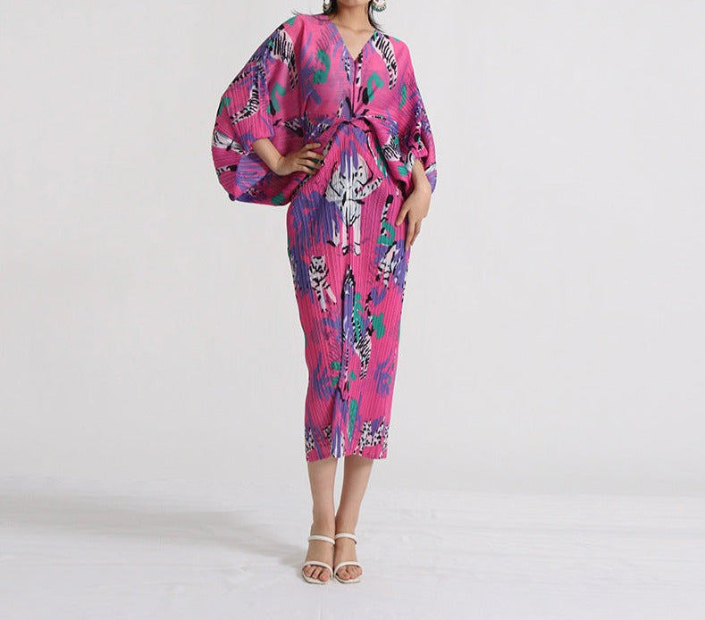 pleated midi dress with vibrant animal print – Tikia