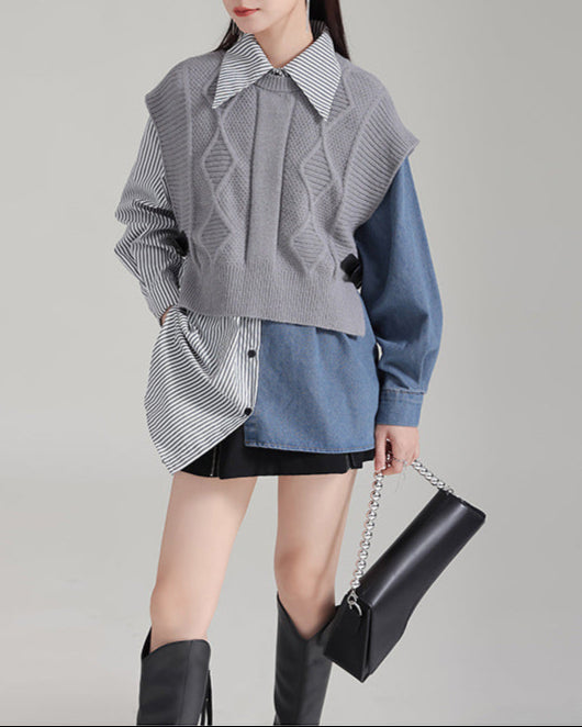 Sleeveless knitted vest over a denim shirt - Duxy