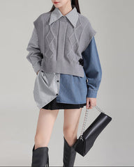 Sleeveless knitted vest over a denim shirt - Duxy