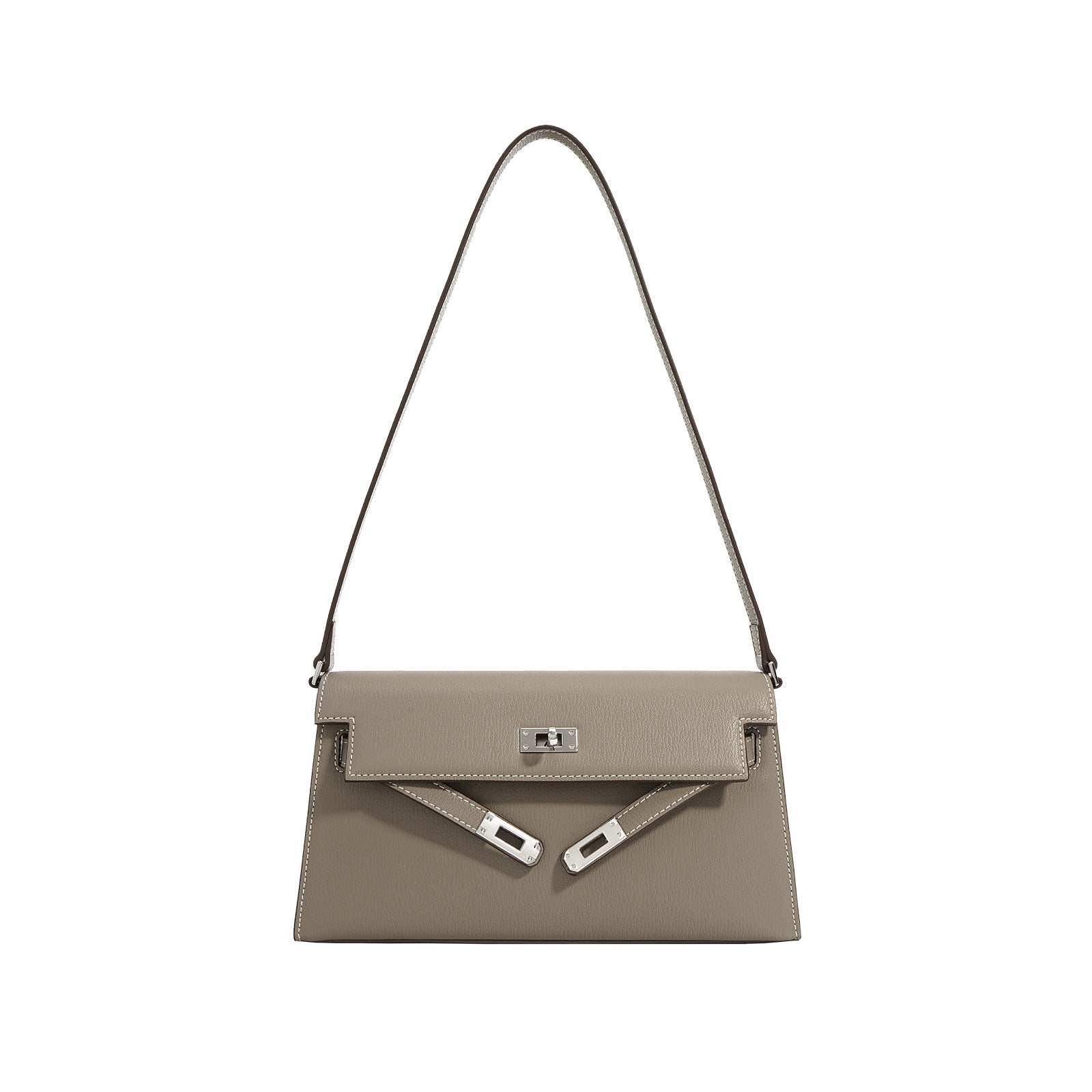 slim trapeze shoulder bag with buckle flap – STONE
