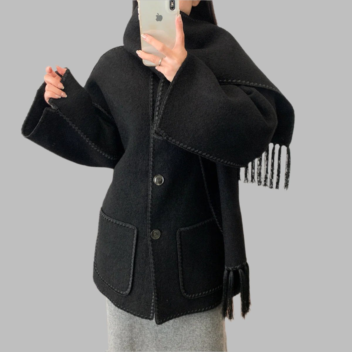 fringed cape jacket with contrast trim – Teghan