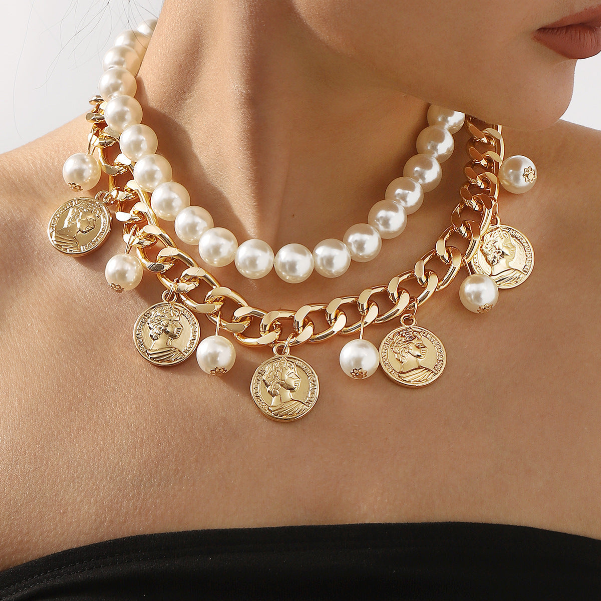 layered pearl chain necklace with coin charms - ROMAS