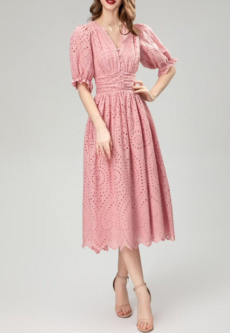 puff sleeve eyelet midi dress – Aagwqrm