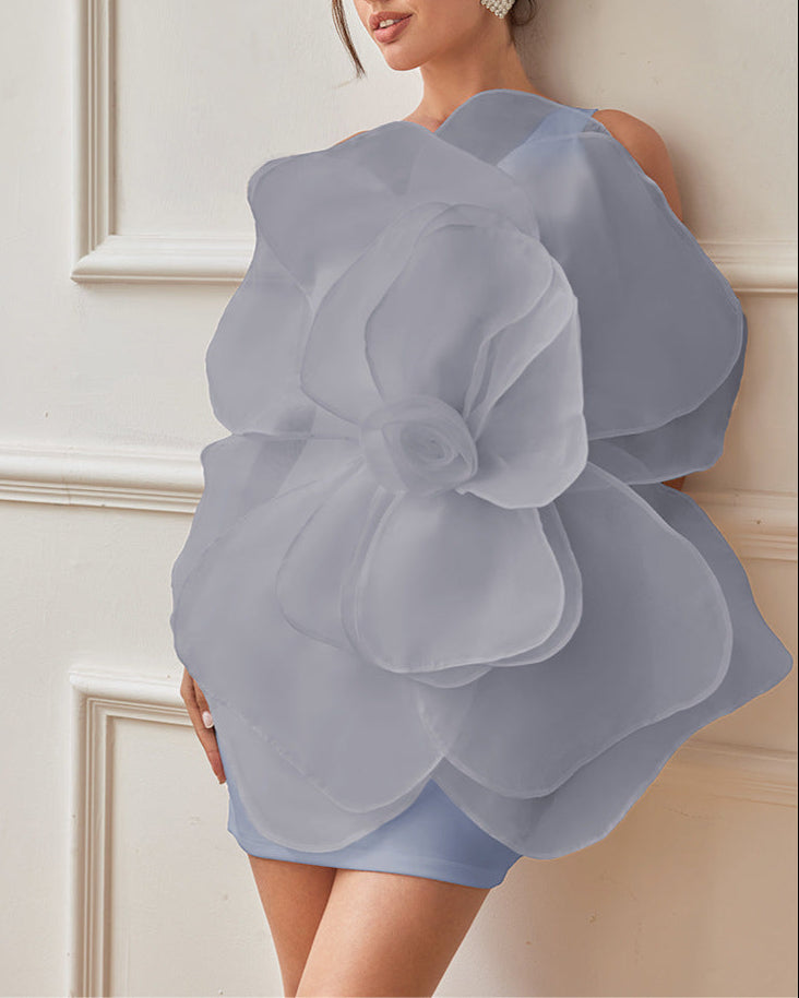 One-shoulder organza mini dress with oversized 3D flower – Barwu