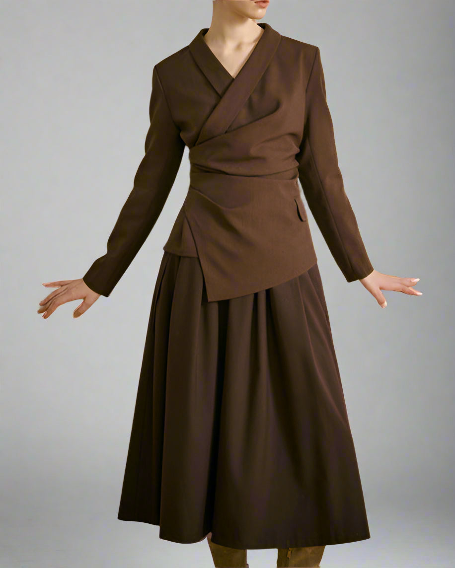 Asymmetrical Draped Blazer Top with V-Neckline - Vancu