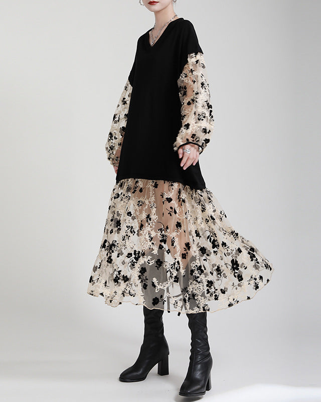 V-neck overlay dress with floral mesh layers – AMAXA