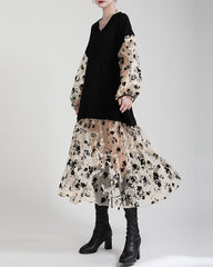 V-neck overlay dress with floral mesh layers – AMAXA