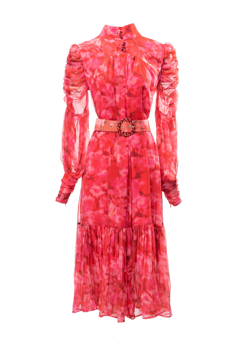 high-neck chiffon midi dress with ruched sleeves – YTAGR
