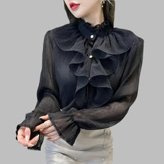 long sleeve ruffled chiffon blouse with stand collar – Tauret