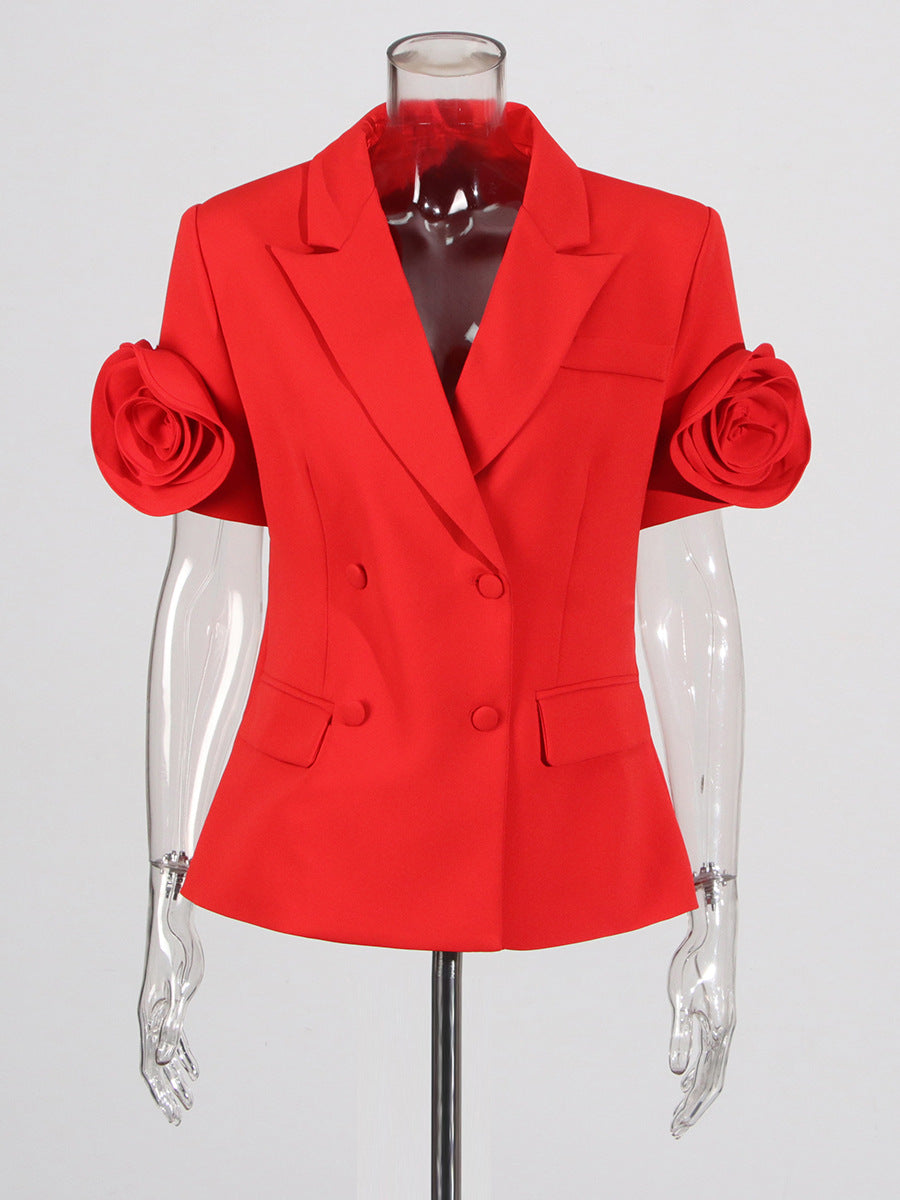Short-sleeve blazer skirt set with 3D floral sleeves – Senfera