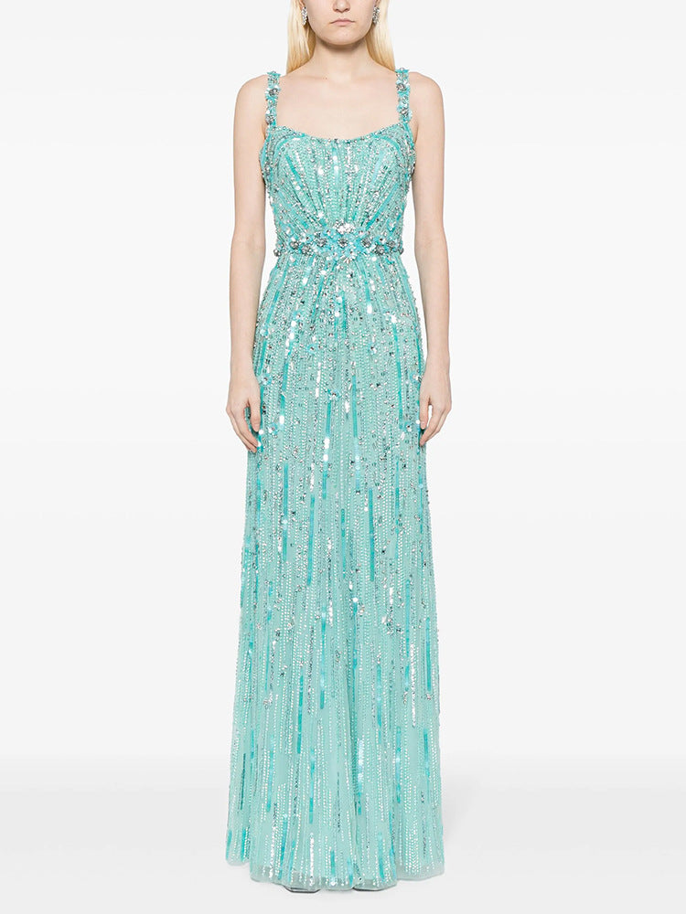 sleeveless sequin column dress with crystal waist – AQUA