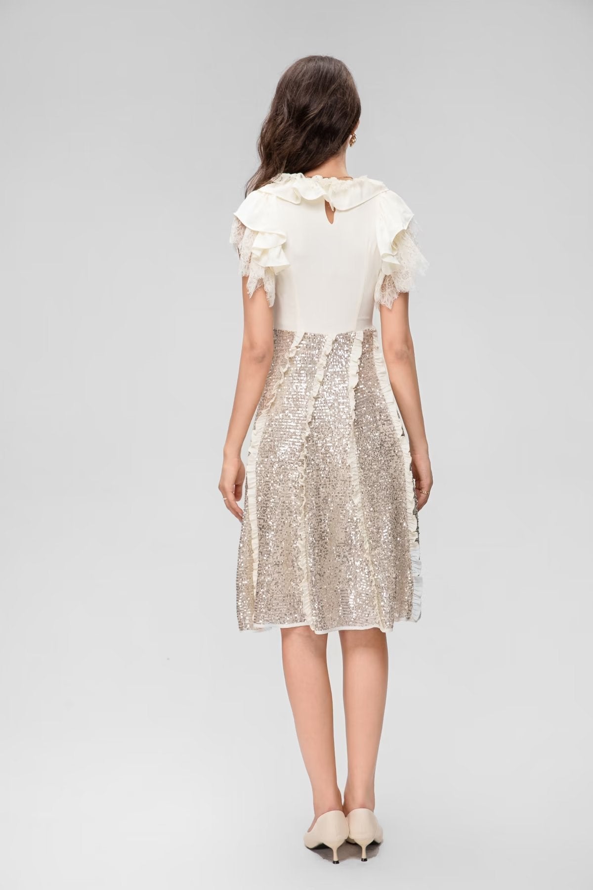 ruffle sleeve dress with sequin A-line skirt – Aafrreeda