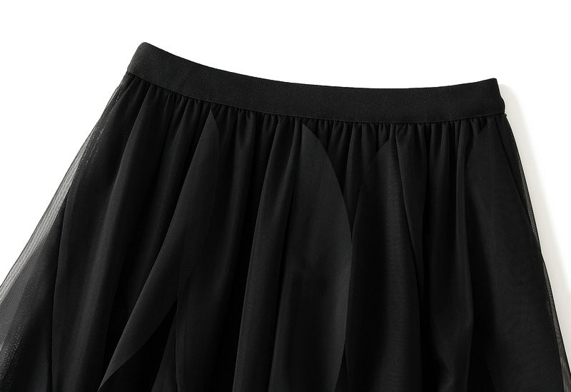 Asymmetrical ruffled mesh skirt with waterfall layers – Apilu