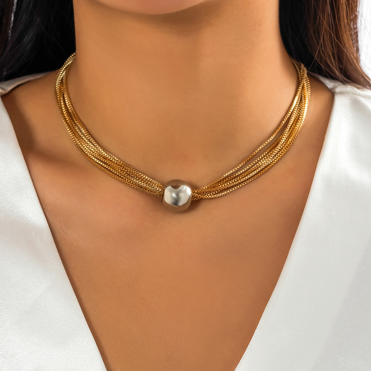 Multi-strand chain necklace with statement orb - Ajiby